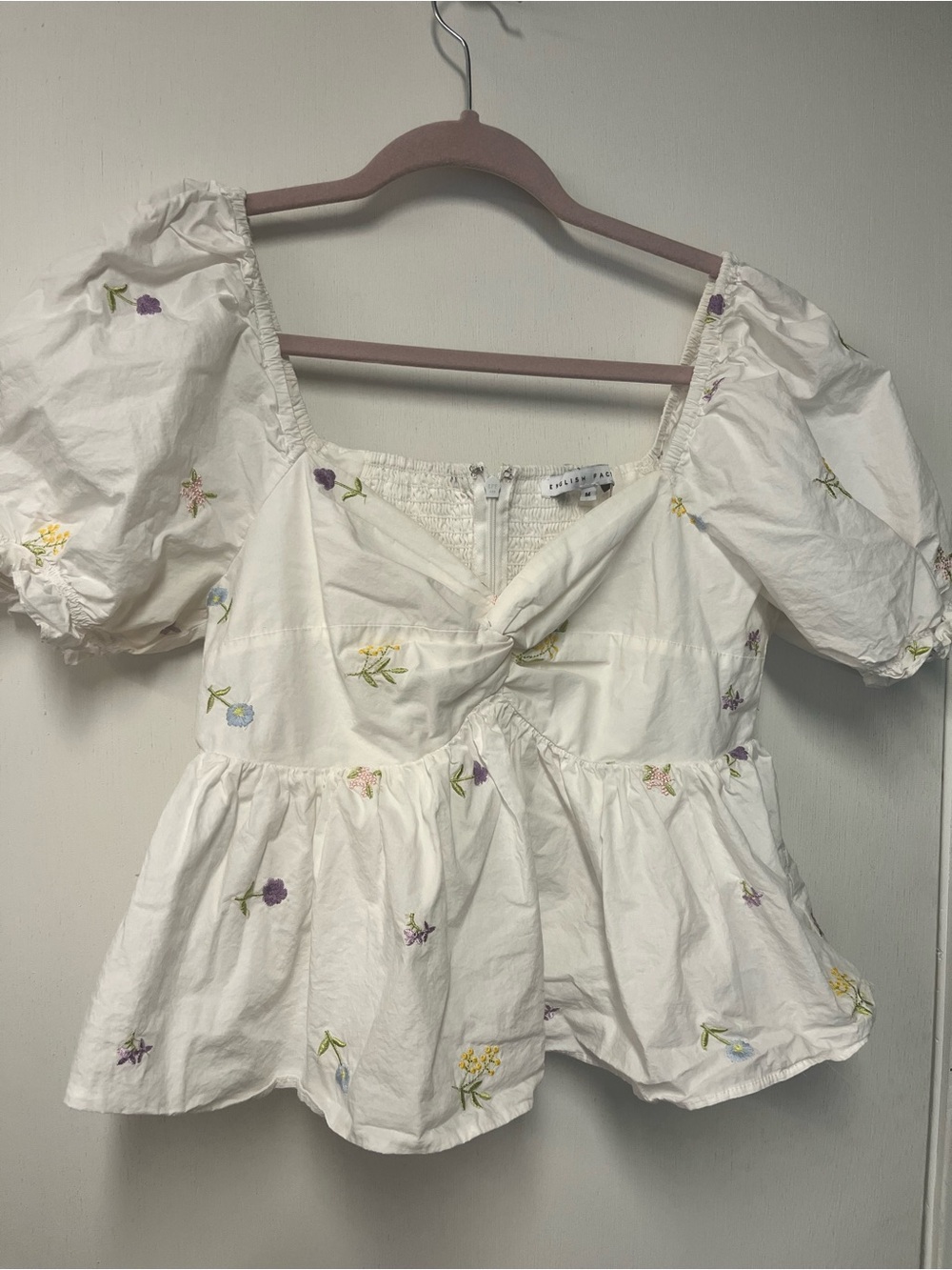 English Factory White Embroidered Floral Puff Sleeve Peplum